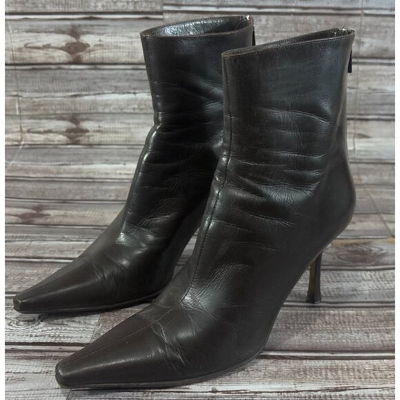 Jimmy Choo Daisy Calf Leather Ankle Boots Heels Sz 37.5 US 7.5 color dark brown - Picture 1 of 10
